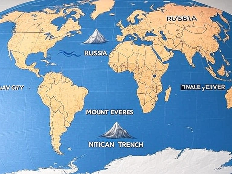 Map highlighting largest country, smallest country, longest river, and highest mountain for general knowledge