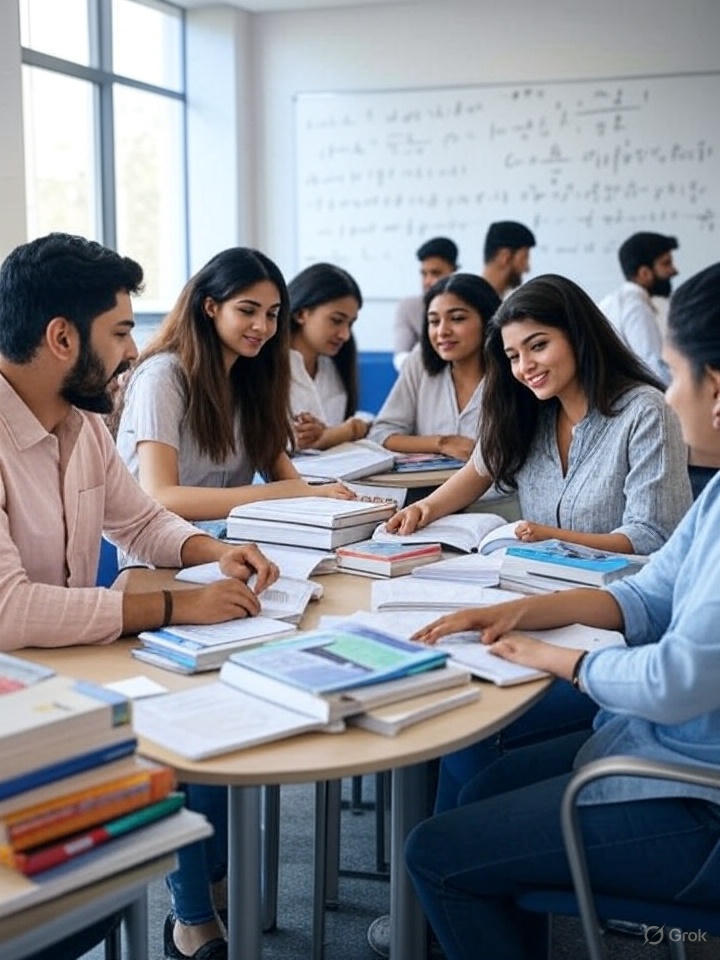 College students studying physics and mathematics in a Pakistani classroom