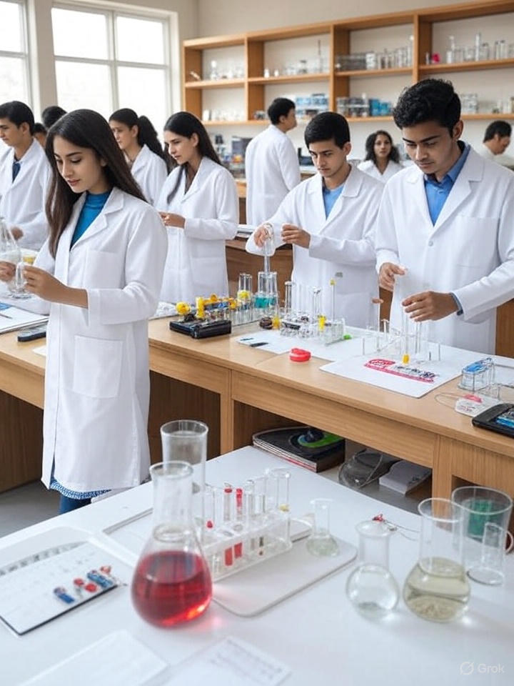 Students in a science lab performing experiments in a Pakistani college